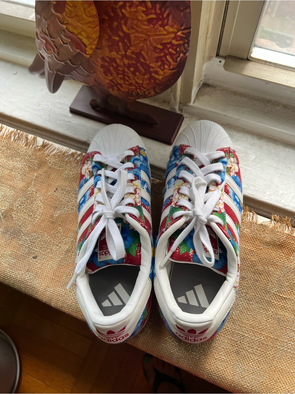 adidas women White Sneakers with Red, Blue, Green Floral Stripes